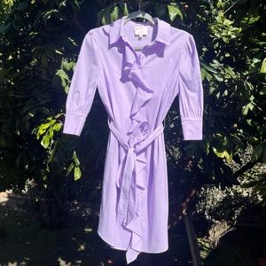 CINQ A SEPT lavender purple cotton button up ruffle belted mini shirt dress